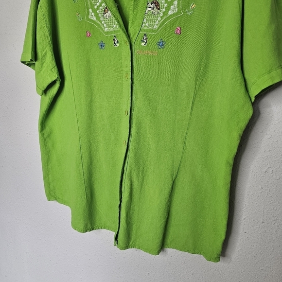 AYME Galapagos Lime Green Embroidered Turtle Blue Foot Boobie Bird Womens Button - Picture 8 of 12